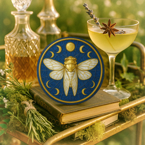 Round ceramic coaster featuring a central gold cicada and moon-phase design on a deep blue glazed surface; smooth ceramic top with natural cork backing for non-slip protection; 4-inch diameter, suitable for hot or cold drinks, easy to wipe clean, ideal for mystical, botanical, or occult-inspired home décor.